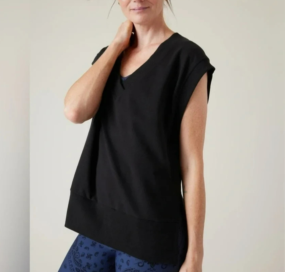 Athleta Retroterry V-Neck Sweatshirt Sleeveless Tee XS Black Athleisure Yoga NWT
